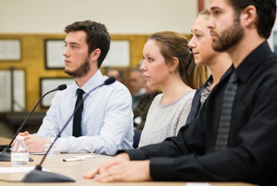 Dr. Marjorie Droppa's students provide recommendations to the Keene Board of Education on how to reduce substance abuse. (l–r: Zachary Bischoff, Amanda Hall, Emily Thomas, Anthony Quintiliani) Will Wrobel photo.