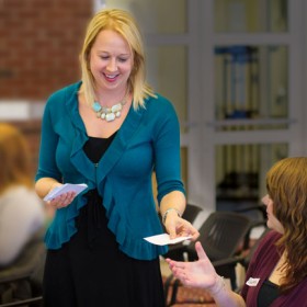 Emily Porschitz talks with students at *Second Year Boot Camp*, a mini conference hosted by Academic and Career Advising.
