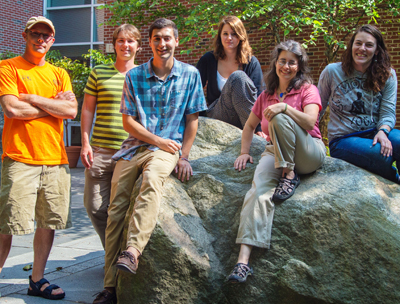 Dr. Burchsted (2nd from right) and her research team (l–r): Charles Stoll, Mike McGuinness, Josh Dallesander, Olivia Thorndike, and Lindsay St. Pierre (Will Wrobel photo)