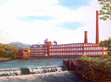 Detail from Ellis Barrett's painting of Keene's Faulkner and Colony Woolen Mill