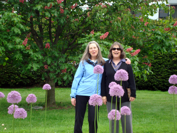 Lynn Roman, Mary Feeney, and the alliums in the Chris Feiker garden in front of Parker