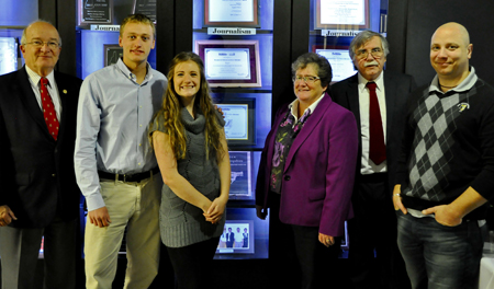(L–R): Wallace Stevens, USNH Board of Trustees member,  Zach Wynn and Brittany Ballantyne (Julie Conlon could not attend the ceremony), KSC President Anne Huot, and Journalism faculty Rodger Martin and Julio DelSesto (Tim Smith photo)