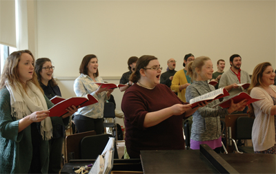 Students, faculty, staff, and community members rehearse for Stabat Mater