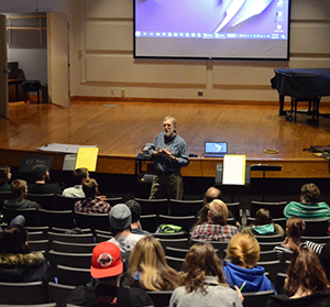 Joseph Schwantner speaking to music students during his recent masterclass
