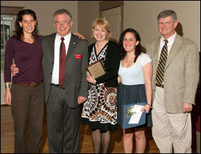 2011 Susan J. Herman Award recipients (center) Therese Seibert, Keene State Professor of Sociology, and Brittney Sousa, Holocaust and Genocide Studies major. Shown with Sarah Herman, Hank Knight and Paul Vincent