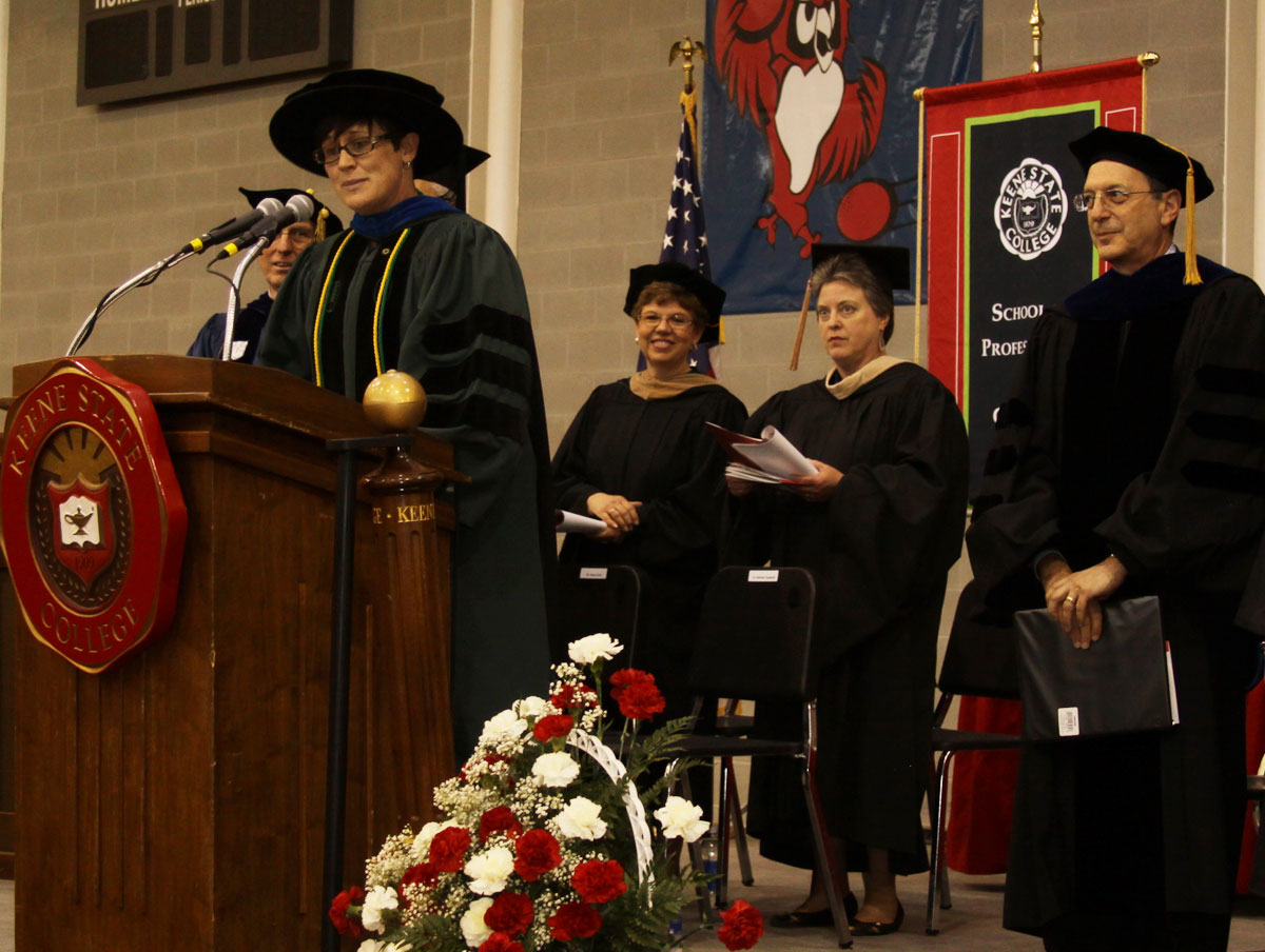 From left: Dean Gordon Leversee, Provost Melinda Treadwell (speaking), Interim VP Karen House, VP Maryann Lindberg, Interim President Jay Kahn.