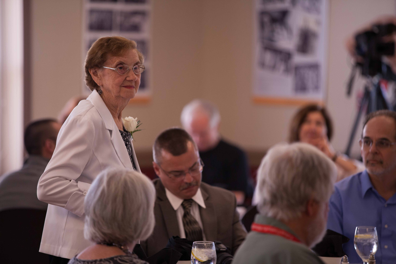 Rena Jacques being honored for her work during the summer Institute. Rena was from a Silesian German family that was part of the resistance to the Nazis.