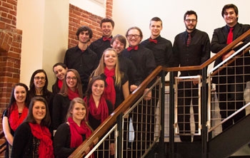 KSC Chamber Singers back row (l-r) Kaitlin Hart, Dr. Sandra Howard, Samantha McCloghry, Emily DeAngelis, Dimitrios Kapoukranidis, Dan Ciccarello. Front row (l-r) Sheryl Magdycz, Amanda Williams, Lauren Weiner, Molly Schaefer, Alex Carbonneau, Gabe Belluscio, Kevin Lackie, Kirk Bobkowski, Nicholas Tocci