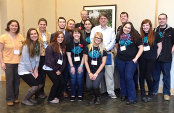 Mentors in Violence Prevention and KSC Champions peer educators at the BACCHUS Conference. (Front row, l–r) Casey Robinson, Heather Leahy, Abby Darin, Kristin Szymkowicz, Virginia Mariolo, Olivia Chiacchia, Nick Garrity (Back row, l–r) Tiffany Mathews, Jennifer Wiemers, Ryan O’Hora, Jacob Richard, Matt McDougal, Emma Bass, Forrest Seymour, Justin Smith