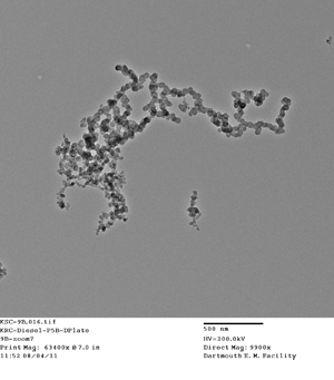 An image of a typical biodiesel particulate—the scale bar reads 500 nanometers (1/2 micrometer) or 500 billionths of a meter.