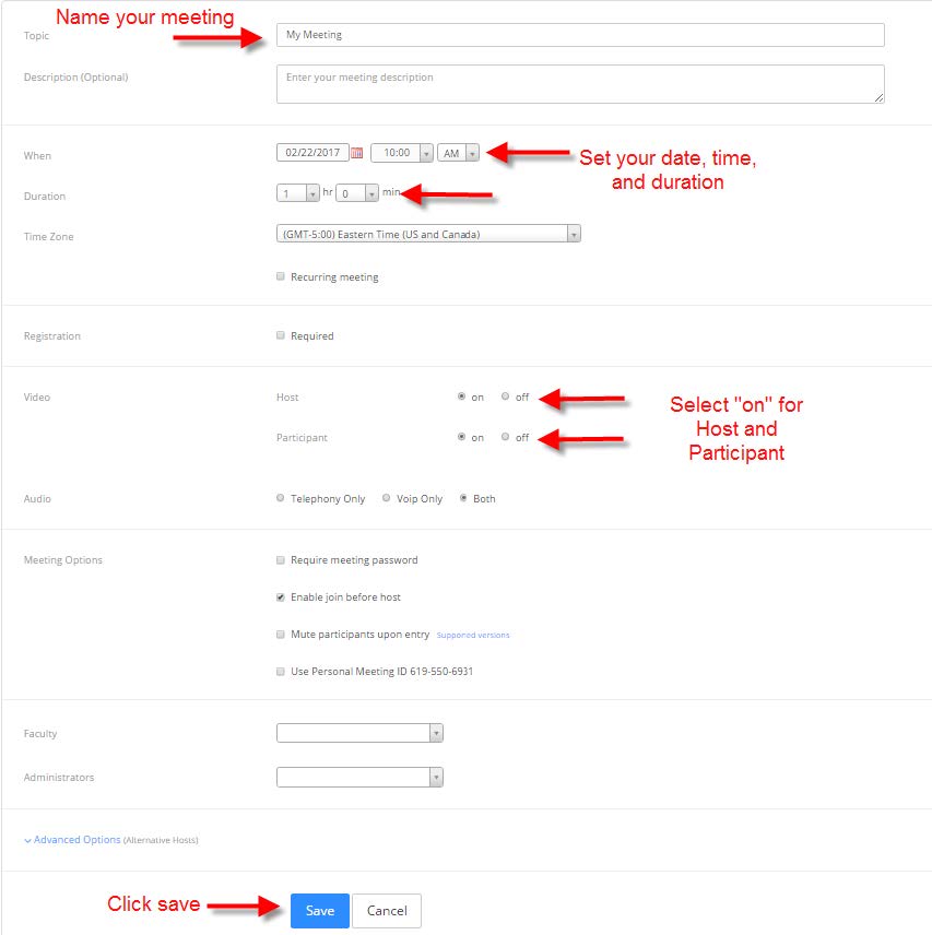 Enter a meeting name, choose a date, time, and duration.