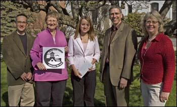 (l to r) Robert Kostick, graphic design professor;Eleanor Vander Hagen, Centennial Committee chair;Ina Goncarova, Centennial logo designer; Provost MelNetzhammer; Marsha Hewitt, graphic design professor