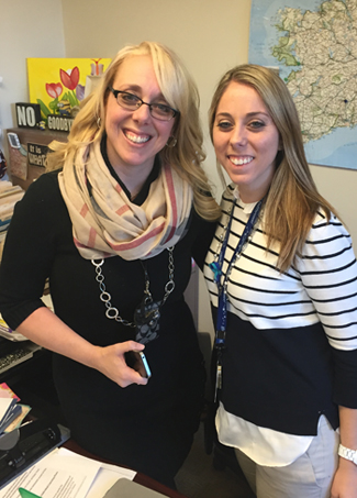 Tracy Encarnacao (right), director of guidance at Haverhill High School, and her dedicated new counselor, Sam Massahos  ’10, M’13
