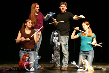 Cast members of The Rolling Collection: A Puppet Theatre Collaboration are (from left) Jaime Pearsons, Laura Blouin, Christopher Kelly, and Emily Friedrich will operate more than 50 puppets in a play rich with culture and mythology.