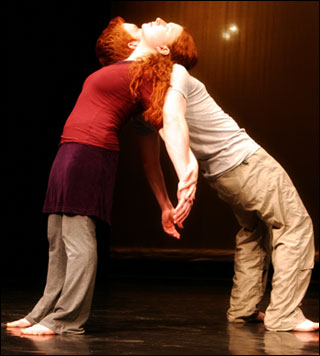 KSC Theatre and Dance majors (from left) JessicaHoward and Shawn Ahern rehearse Blindspot by Courtney Sweeney for An Evening of Dance.