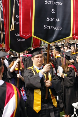 855 (of 944) graduating students marched behind colorful gonfalons in Keene State’s 2009 Commencement on May 9. (Photo by Susan Peery)