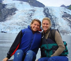 Jordan Pokryfki, and Brittany O'Bryant in front of a glacier out of College Fjord in Prince William Sound (courtesy photo).
