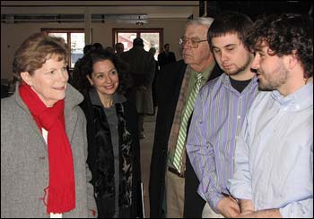 U.S. Senator Jeanne Shaheen talks with KSC Safety Studies seniors Greg Goupil (left) and Dan OBrien, who have been involved with the Colleges biodiesel research since early 2009. N.H. Senator Molly Kelly and Keene Mayor Dale Pregent look on.