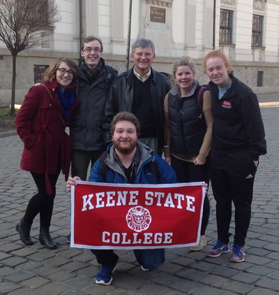 KSC's powerful presence in Poland: Dr. Vincent with five KSC juniors studying at Jagiellonian (from February–June). From left to right: Katherine "Kat" Marren, Tanner Semmelrock, Dr. Vincent, Olivia Conner, and Kayla Magan. Holding the banner is Dylan Renner.  Kat, Tanner, Kayla, and Dylan are HGS majors; Olivia is a minor in HGS majoring in sociology.