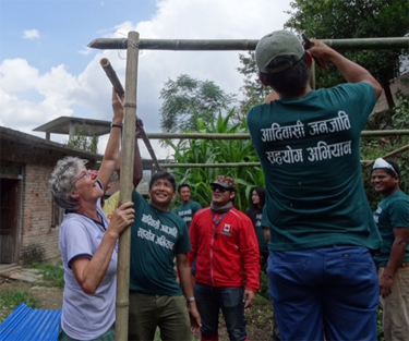 Renate Gebauer helping Nepalis build temporary shelters after the earthquake