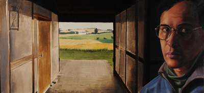 Peter Roos in a self portrait he painted (a diptych), using a scene from his late cousin's Danish farm house.