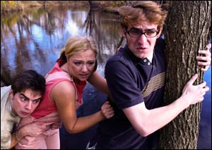 Keene State students Ryan Demers (left), Taylor Ewing, and Brett Burkhardt rehearse  Turning the Tide.