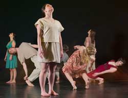 Keene State student dancers rehearse Buildings(v.), one of one of eight new works that comprise KSC Theatres An Evening of Dance