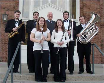 KSC students and their director at the New England Inter-collegiate Band Festival at Gordon College. (Back row, lr: Mark Perry, Jake Potelle, Dr. James Chesebrough, Rob Skrocki, Cote Lagerberg. Front row: Alyssa Comeau, Katy Lundstedt)