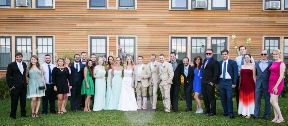 The wedding party / first responders: (l–r) Arlo Paterniti ’12, Annie Mientka, Teddy Bell ’13, Olivia Conner ’16, Megan Tomchik, Matthew Parkes ’13, Matthew Brady ’12, Ellen Moreau ’12, Dan Bayrouty ’12, Laura Bedus ’12, Cheryl Wooster ’12, Ashley Walker ’12, Ashley Young Sherry ’12 (bride), Kevin Sherry ’12 (groom), Jeff Sumner ’12, Andrew Starkey ’12, Erik Drumm ’12, Evan Jones ’12, Sara Archibald ’12, Pete Krawiec ’12, Alex Kitkutis ’12, Joe Fisher ’12, Michelle Love ’12, TJ and Katie Oetinger ’12