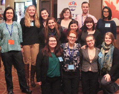 Keene State students at the ACDA conference (bottom row, l–r: Michele Palmieri, Amy Buonpane, Danielle St. Amand, Amanda Williams; middle row: Molly McCoy, Kate Marinelli, Callie Carmosino; top row: Dr. Sandra Howard, Molly Schaefer, Amy Lesieur, Katrina Feraco, Matthew McGinnis, Emma Nelson (Amanda Williams ’16 photo)