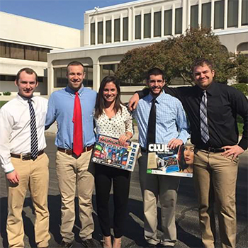 Keene State Safety students outside the Cartamundi facility (l–r): Steven Biederman, Zach Tulley, Emily Meece, Mark Razzaboni, Trevor Seaton (photo by Mark Razzaboni)