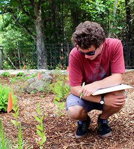 Elijah Wyman recording data in the Harris Center's new pollinator garden.