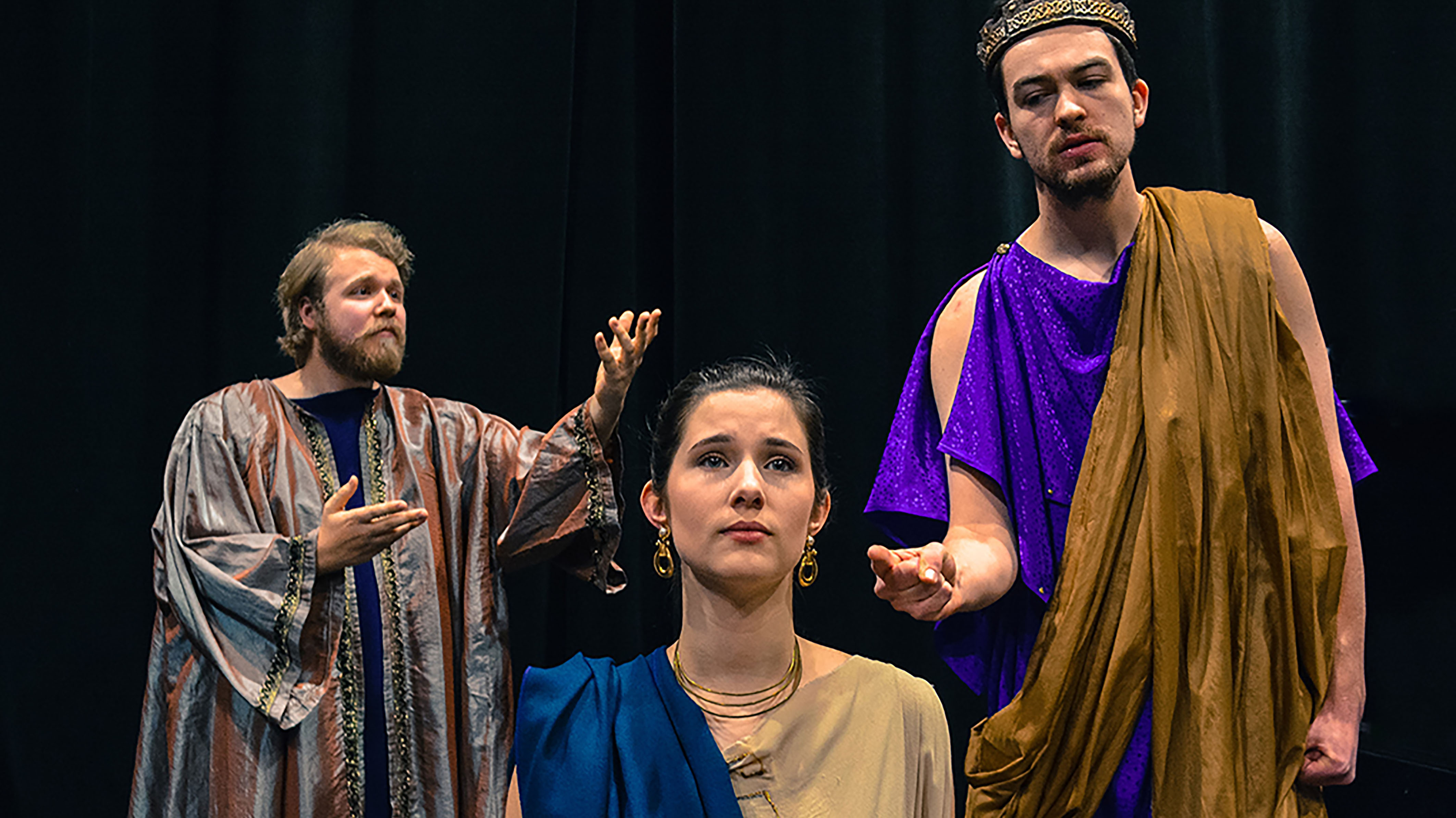 Keene State College students (from left) Than Spence, Heather Hunt and Kenon Veno perform Antigone to lead off a trilogy of Greek tragedies presented collaboratively by three schools in the University System of New Hampshire.