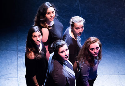 (from left clockwise) Heather Hunt, Claire O’Brien, Emily McIntyre, SyndeyAldrich and Amy Lesieur perform in A …My Name is Alice