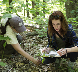 An environmental studies student working with Brett Thelen from the Harris Center