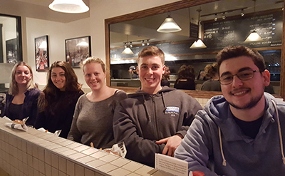 Eating fish n’ chips (not poutine?) along Rue McGill in Old Montréal: (l–r) Lisa Shea, Julia Caroza, Madison Thomson, Ezra Richardson, Kyle Ober.