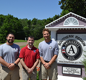 The commitment to serve runs deep in the Keene State community – and far. Mason Prada ’16 (left), David Condlin ’10 (middle), Braden Ladago ’16 (right) at the AmeriCorps NCCC campus in Vicksburg, Mississippi.
