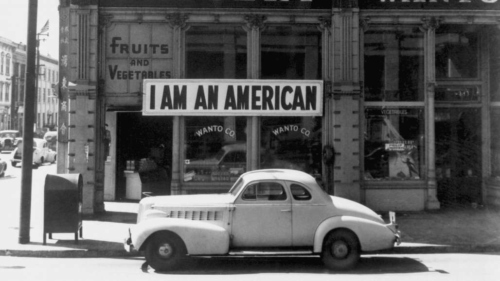 Following evacuation orders, this store was closed.   The owner, a University of California graduate of Japanese descent, placed the "I AM AN AMERICAN" sign on the store front the day after Pearl Harbor.  Oakland, CA, April 1942.  Dorothea Lange. (WRA)Exact Date Shot unknownNARA FILE #:  210-G-2A-35WAR & CONFLICT #:  772