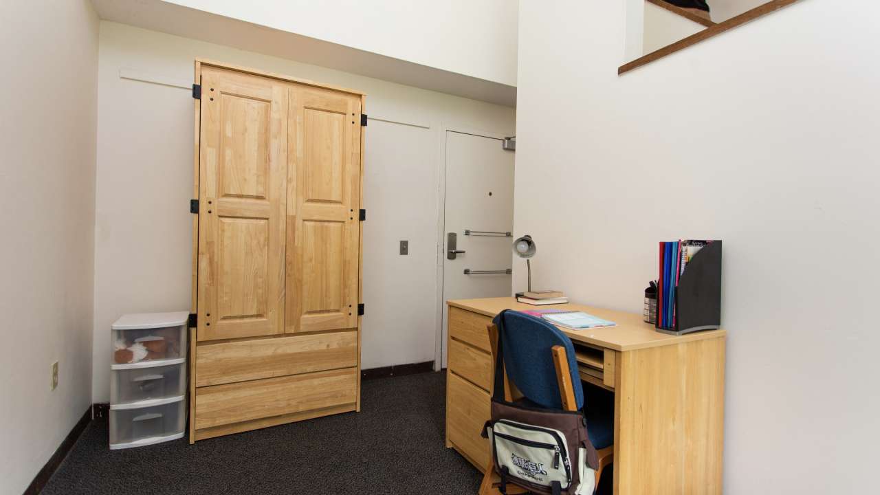 Owl's Nest dorm room, looking towards wardrobe.