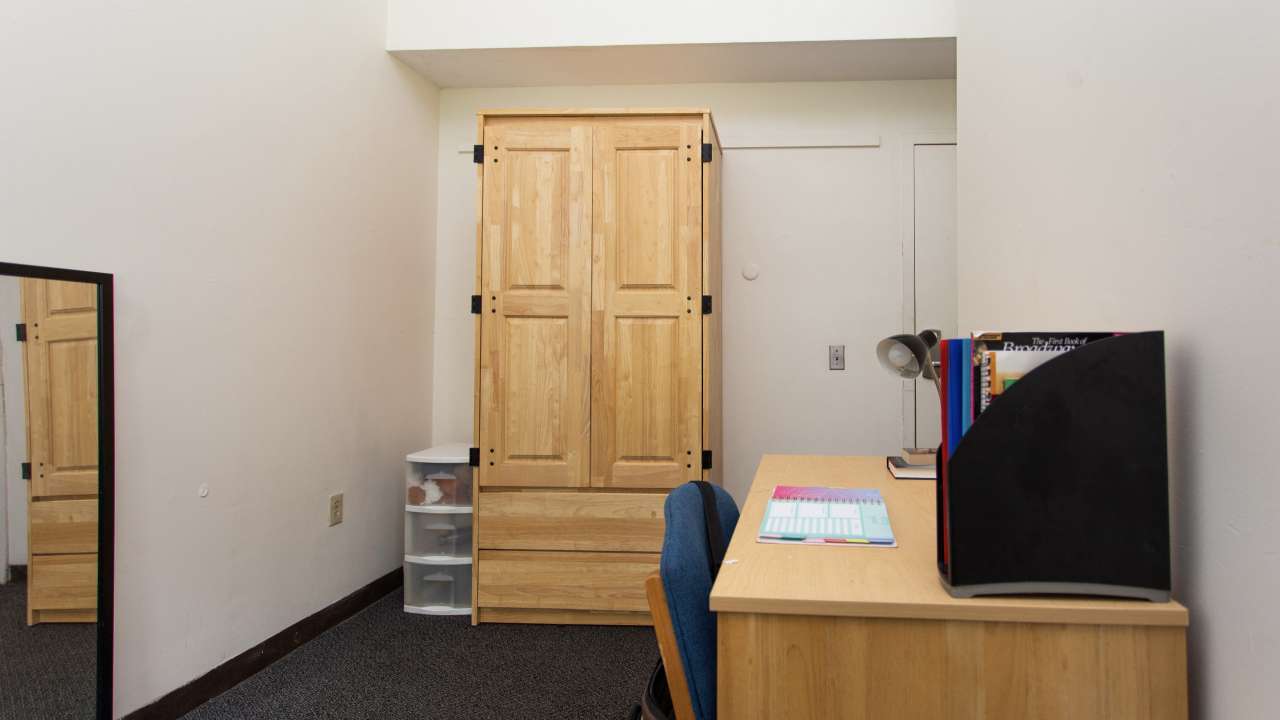 Owl's Nest dorm room, showing desk and wardrobe