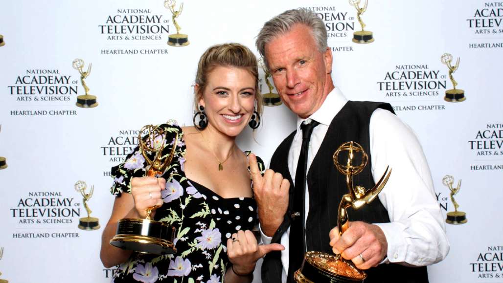 Tom Cole, pictured right, with Katie Eastman after winning a 2019 Regional Emmy Award for his work on Race Across America. Photo courtesy of Tom Cole.