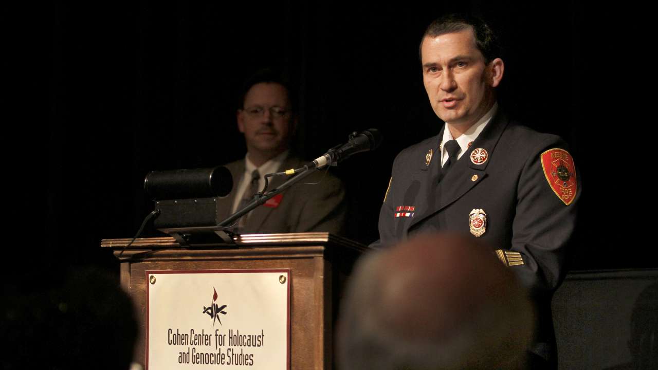 Keene Firefighter at podium