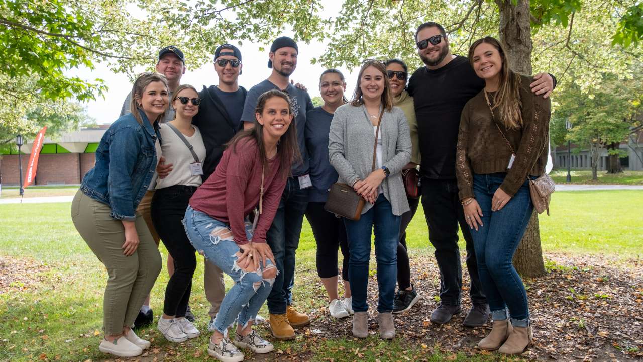 Young alumni gather on Fiske Quad during 2021 Alumni Weekend