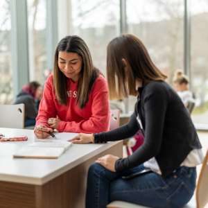 Two female students study together in a common area of the LLC
