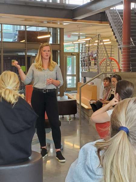 Julia McDonough speaks to GoSTEM camp-goers