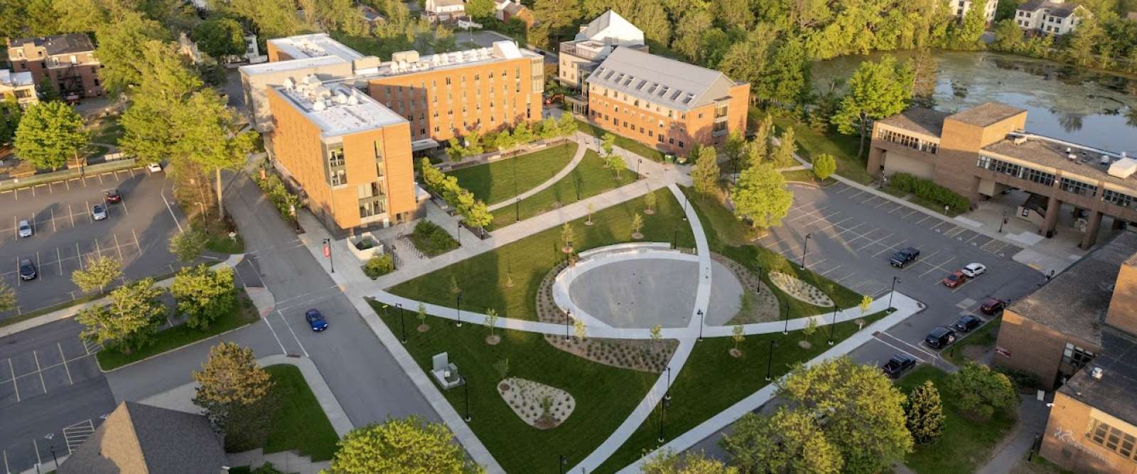 Campus South Quad with walking paths around an amphitheatre