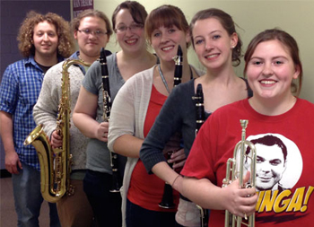 (l–r) Josh Brennan, Gabe Belluscio, Kathryn Lanouette, Alyssa Comeau, Katey Lundstedt, Kirsten Burrows (missing from photo: Sam Irvine, trombone)