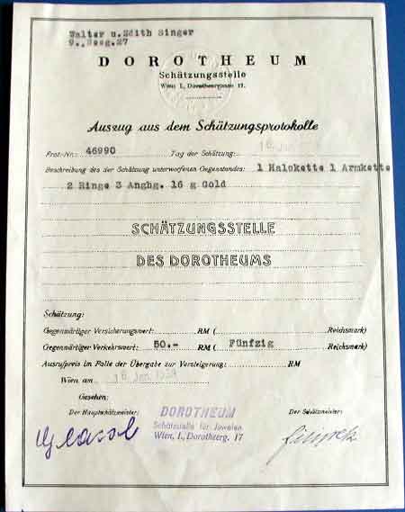 Jan. 16, 1939: State pawnshop official appraisal of necklace, bracelet, rings, 50 Reichsmarks which Edith took with her.