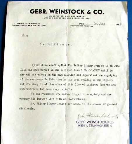 June 30, 1938: Walter Singer&#039;s dismissal letter from GEBR. WEINSTOCK & CO.