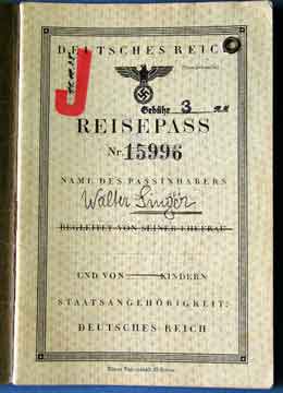 Reich Passport: Note the "J" marked into the passport in 1938.